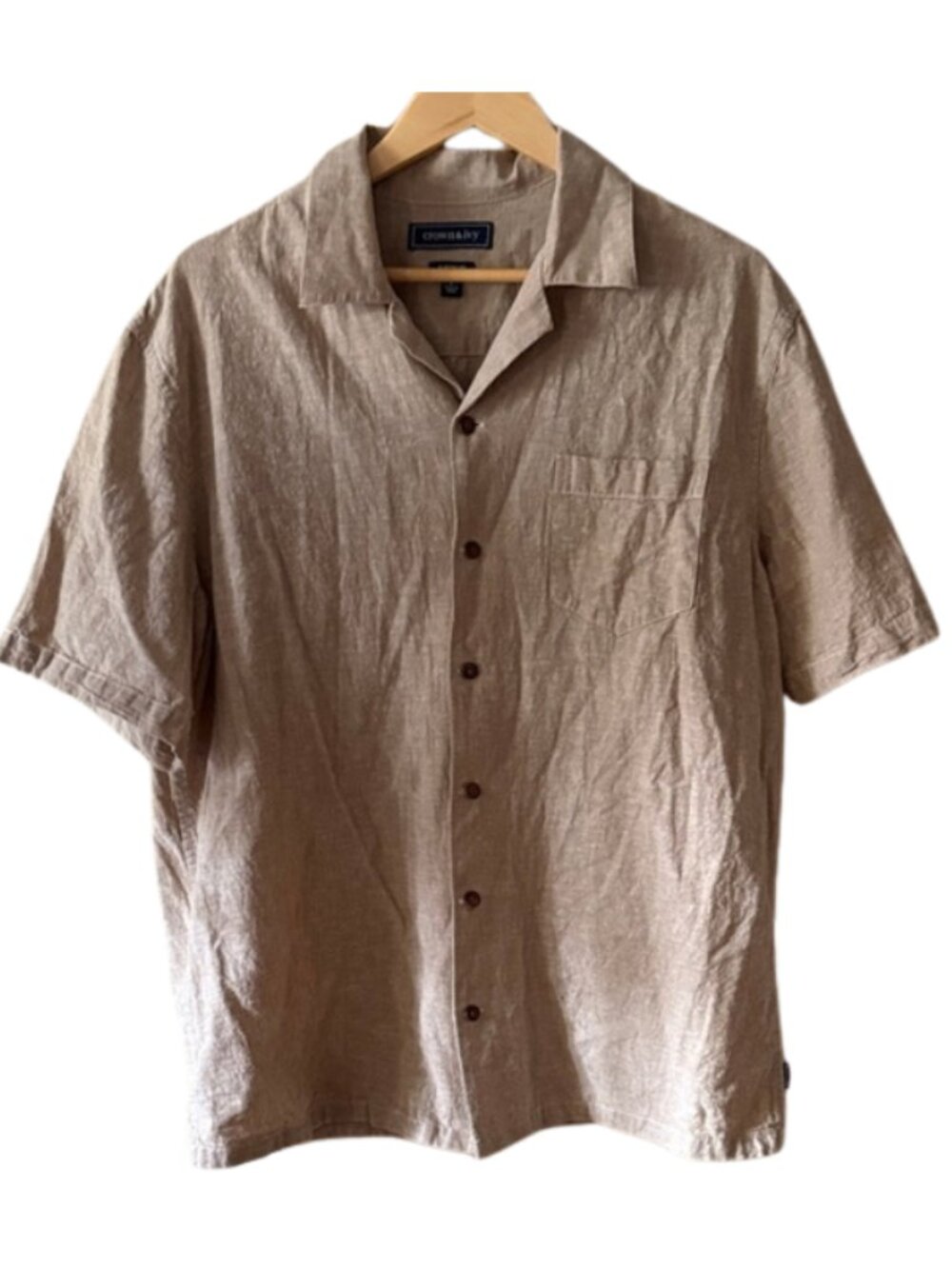 Linen Blend Beige Button Down Shirt Short Sleeve Lightweight Summer L